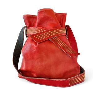Vintage L.J. Simone Red Leather Glam Studded Belt Crossbody Hobo Bucket Bag